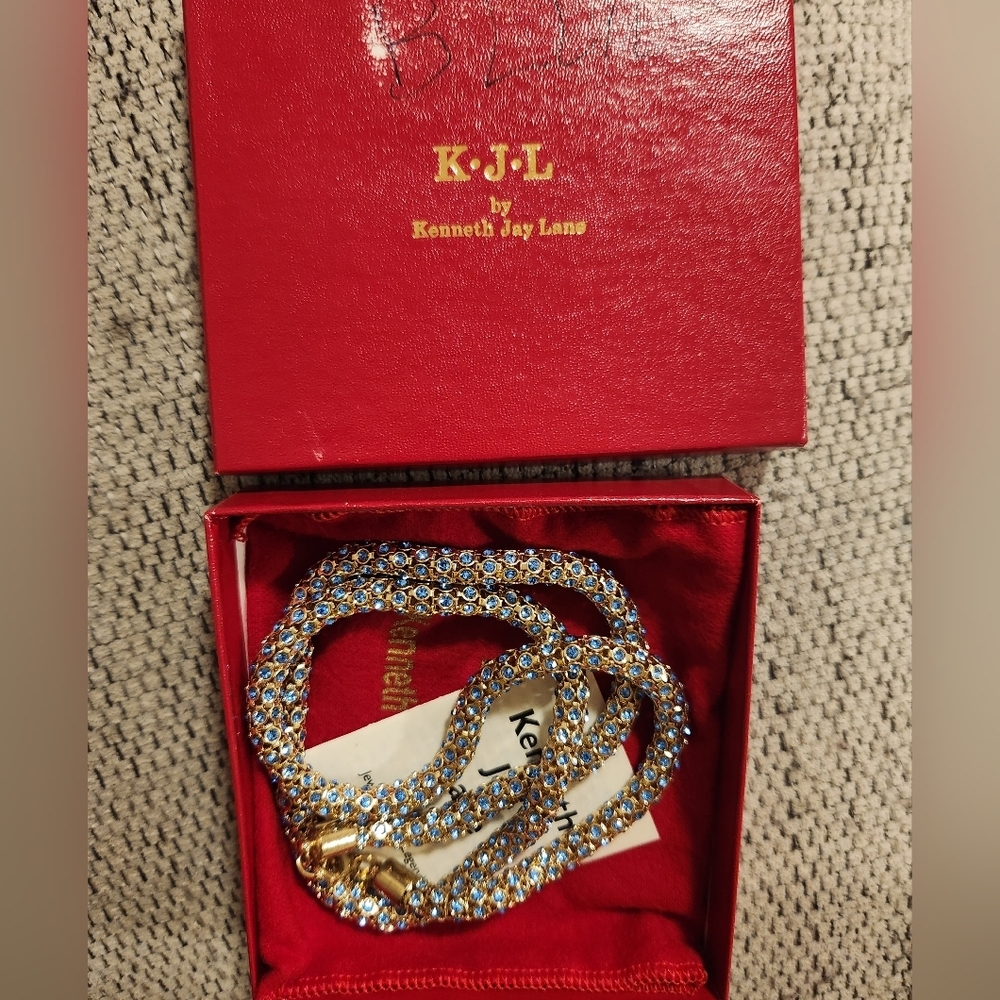 Kenneth Jay Lane Blue Gold Tone Rhinestone Snake Popcorn Chain necklace 30" - Picture 7 of 9